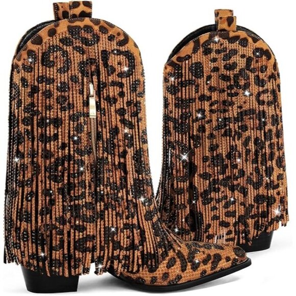 Ouepiano Shoes - Ouepiano Womens Cowboy Boots Size 8.5 Leopard  Rhinestone Fringe Coachella New